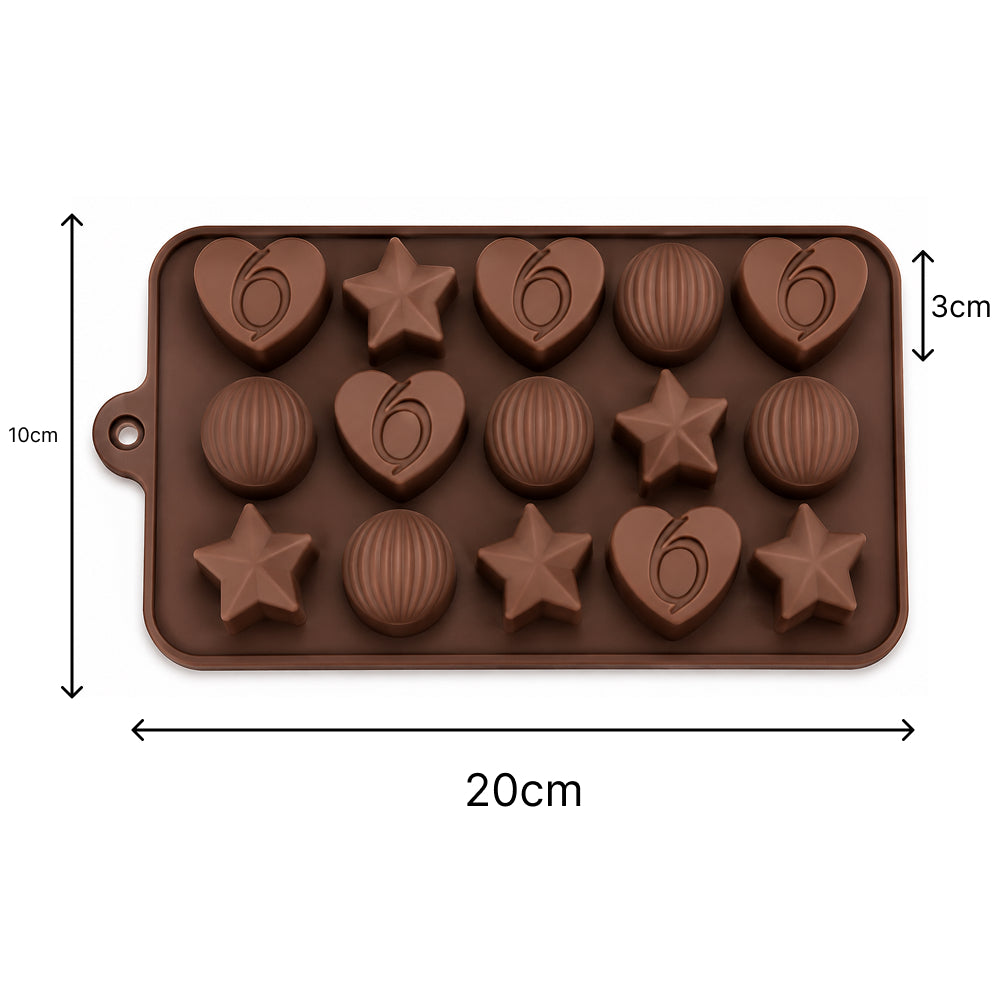 Silicone mold with chocolate shapes and measurements on a white background