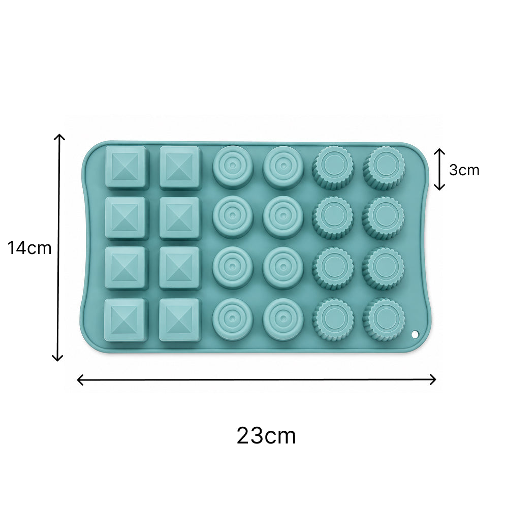 Teal silicone mold with various shapes and dimensions on a white background