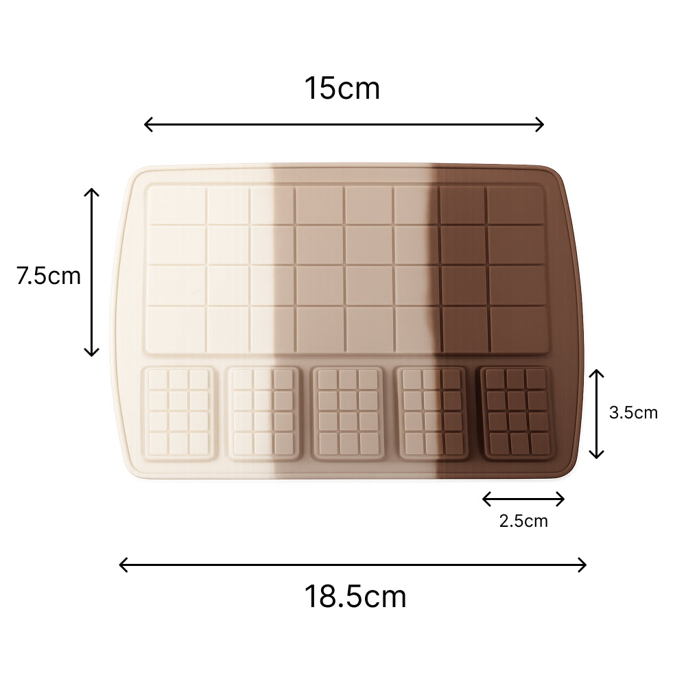Silicone mold with chocolate and caramel color swatches and dimensions on a white background