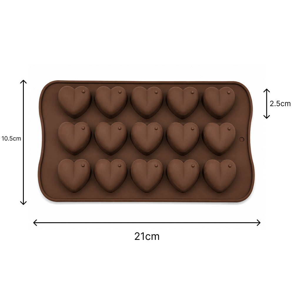 Brown heart-shaped silicone mold with dimensions on a white background