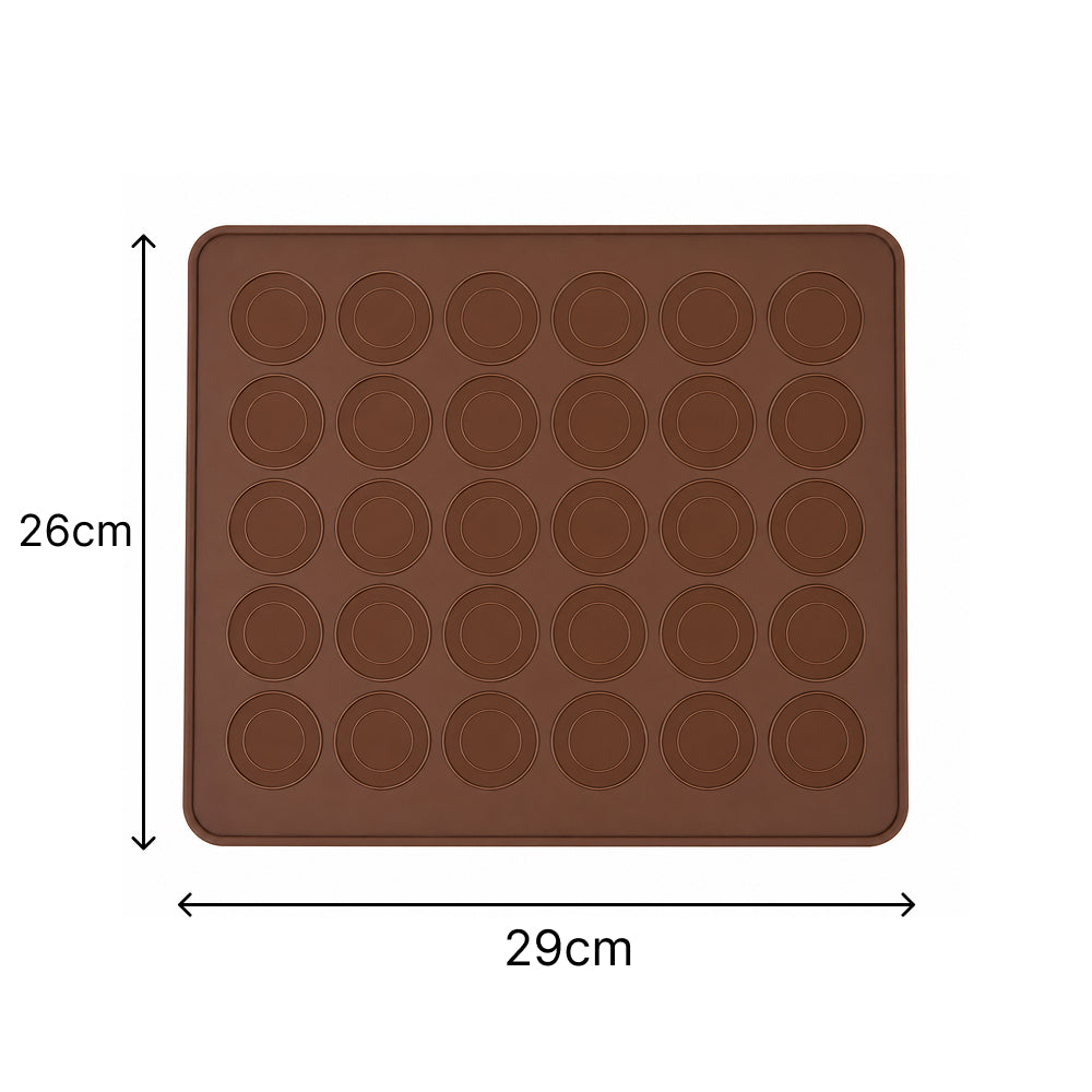 Brown silicone macron sheet with circular molds and dimensions labeled on a white background