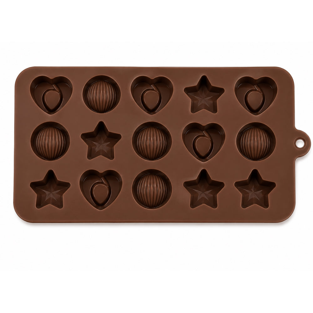 Brown silicone mold with heart, star, and sphere shapes on a white background