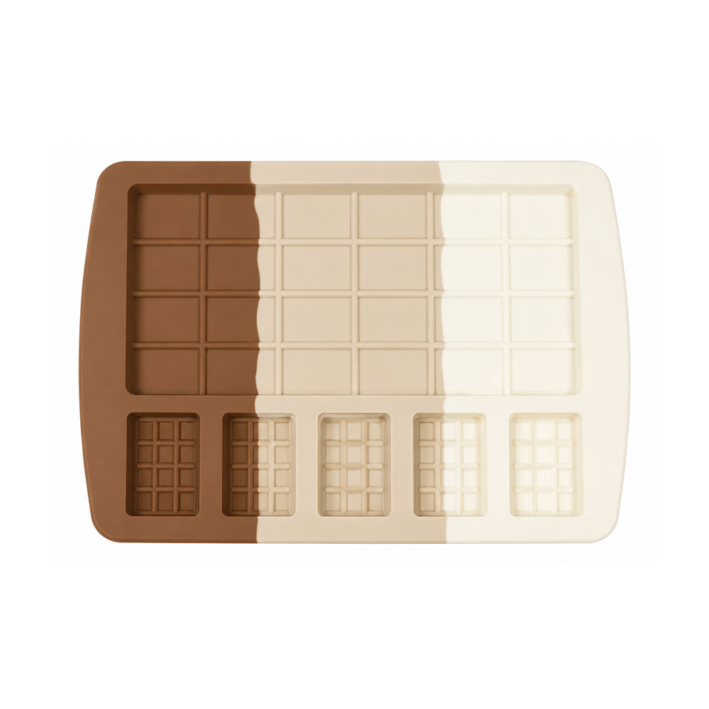Silicone mold with brown and beige sections on a white background