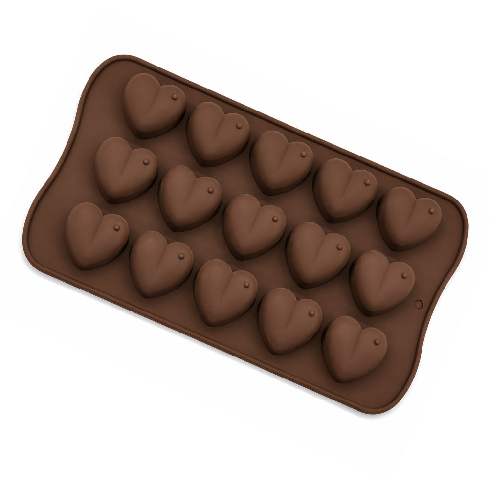 Brown silicone mold with heart shapes on a white background