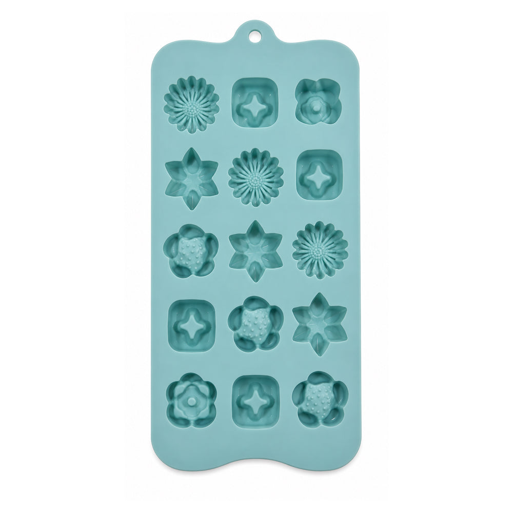 Teal silicone mold with various shapes on a white background