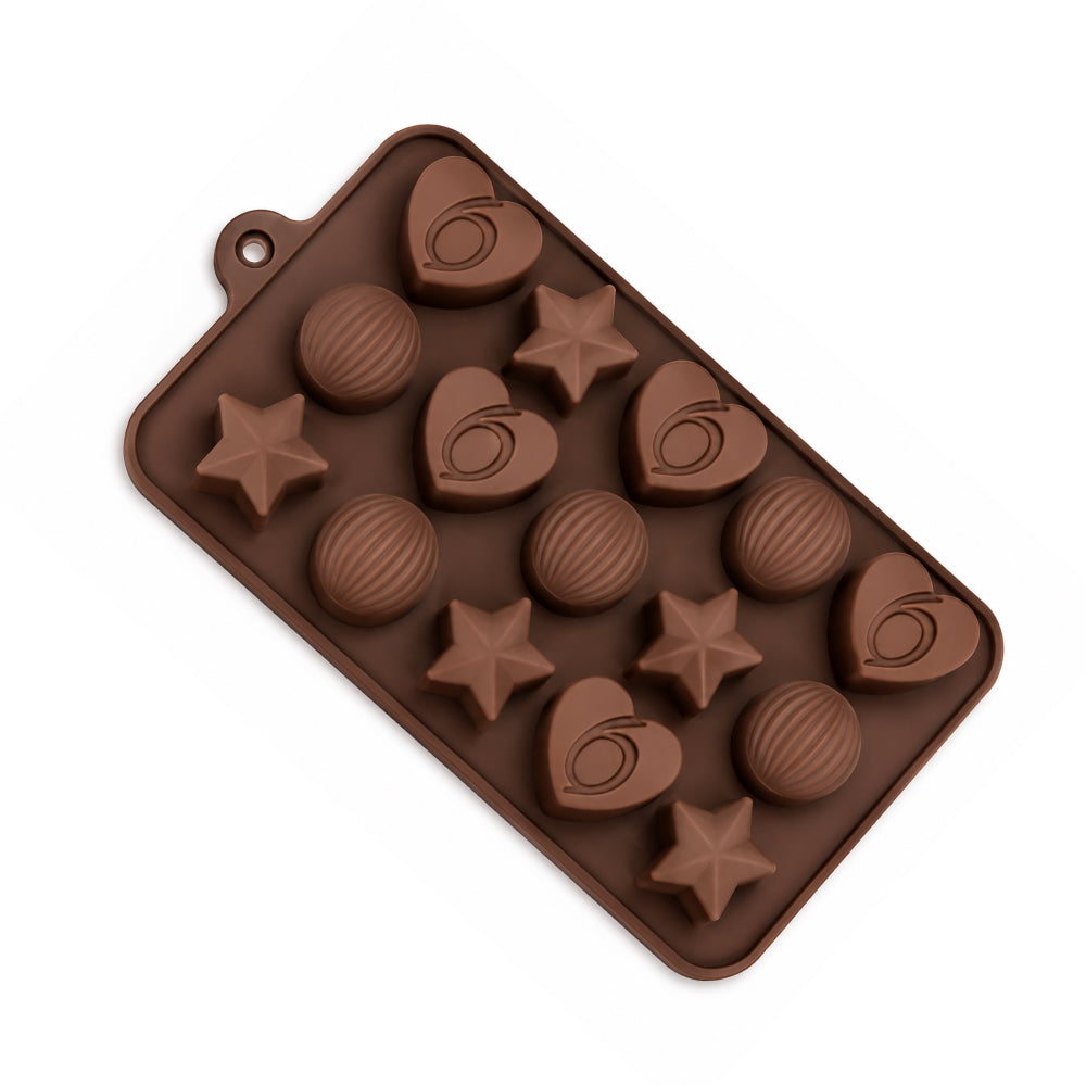 Chocolate mold with various shapes on a white background