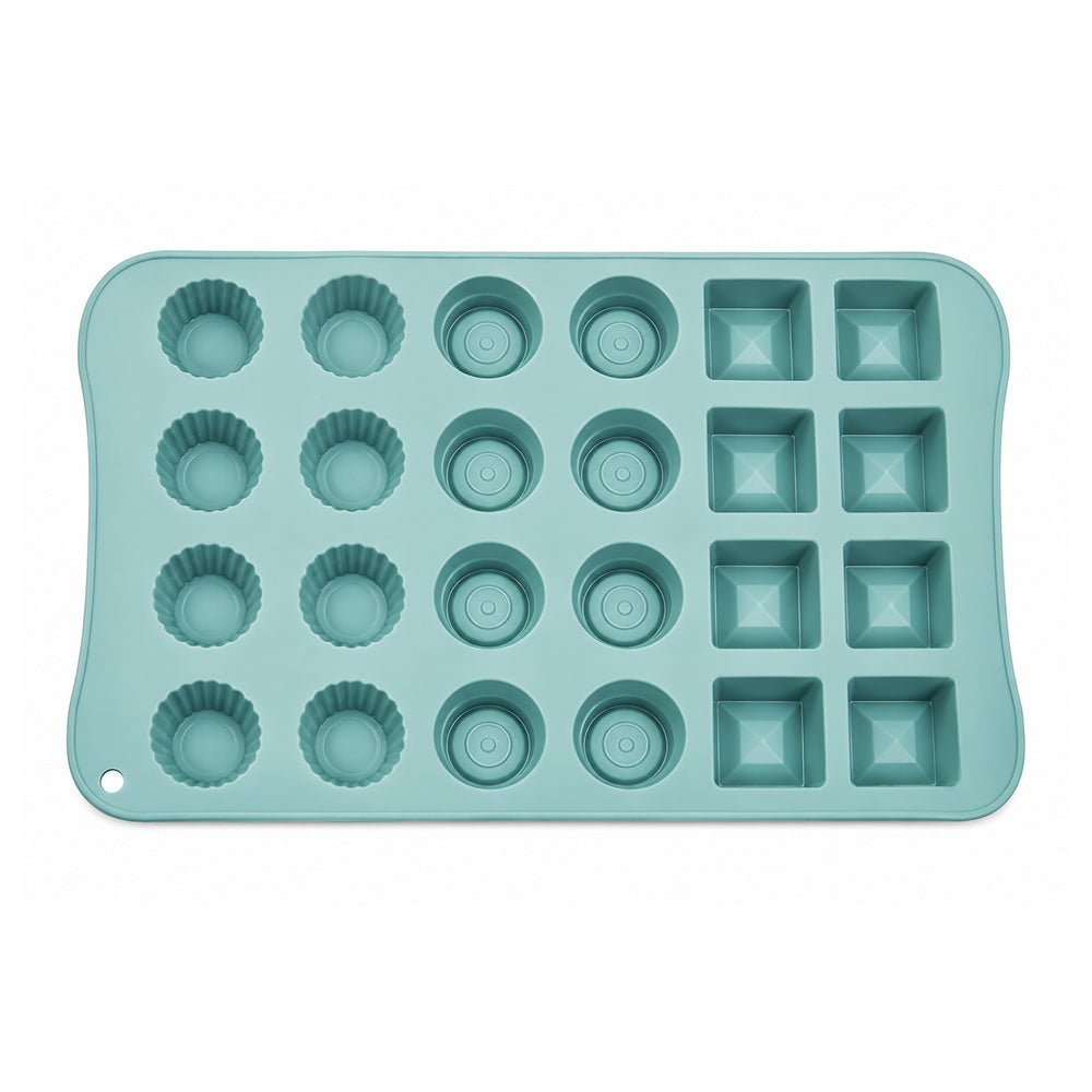 Teal silicone mold with various shapes on a white background