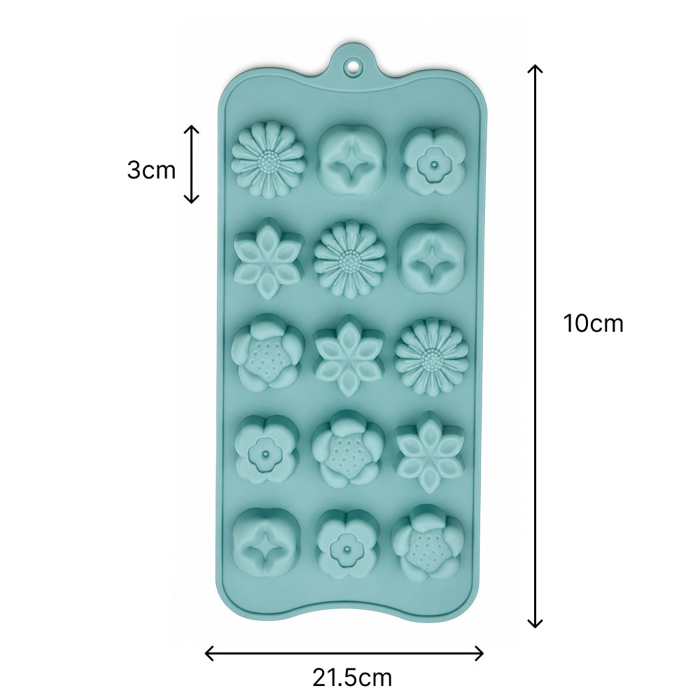 Silicone mold with floral designs and dimensions on a white background
