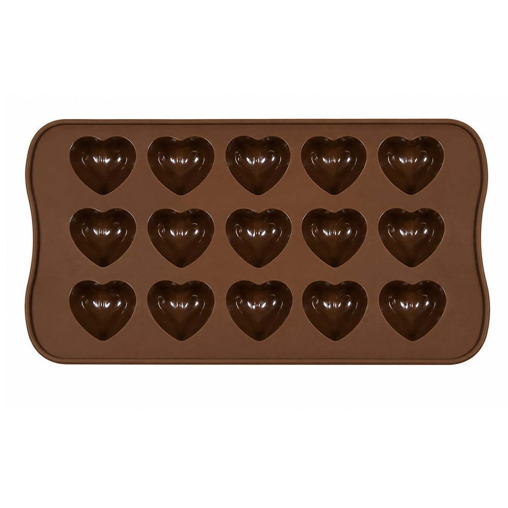 Brown silicone mold with heart shapes on a white background