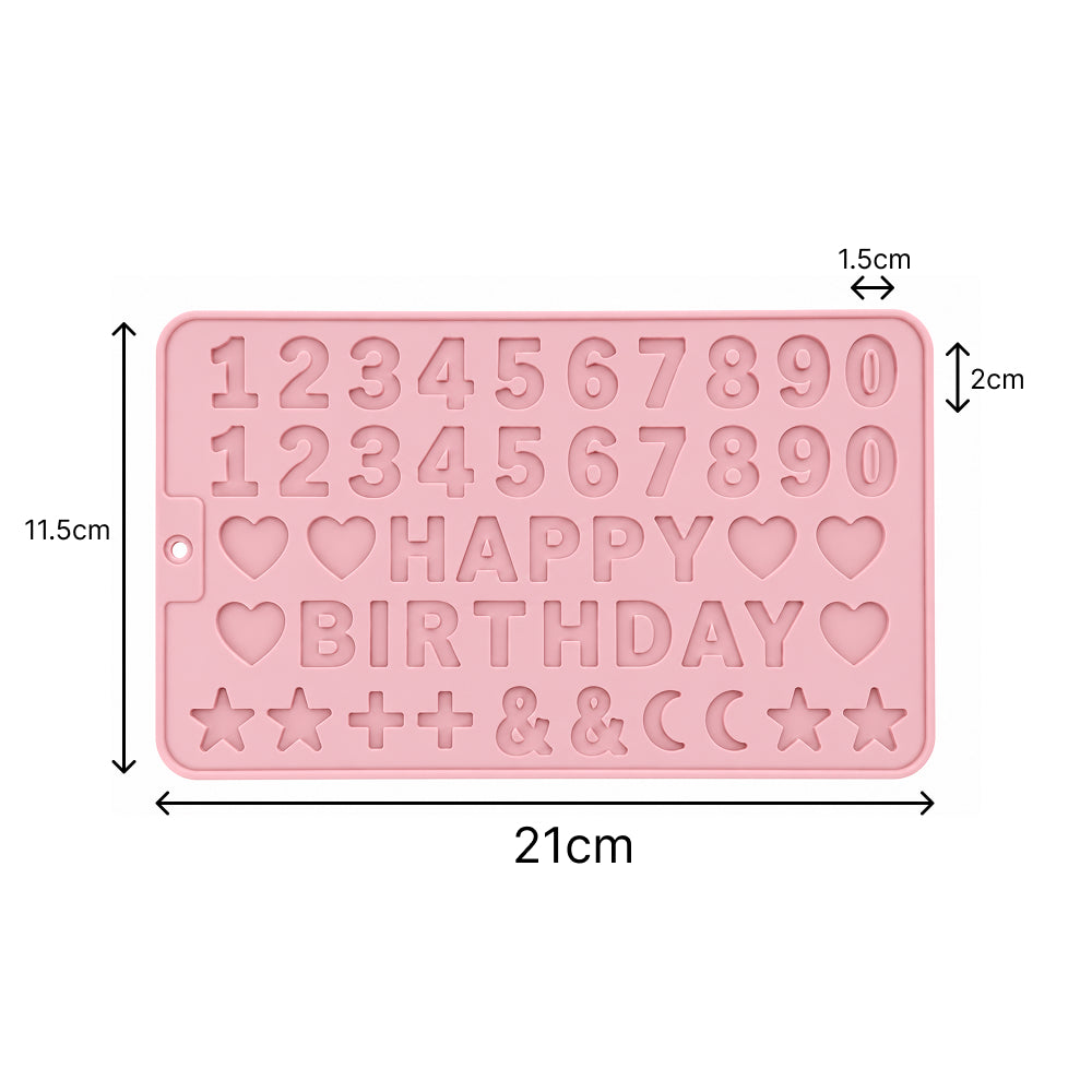 Pink silicone mold with numbers, letters, and symbols for baking on a white background