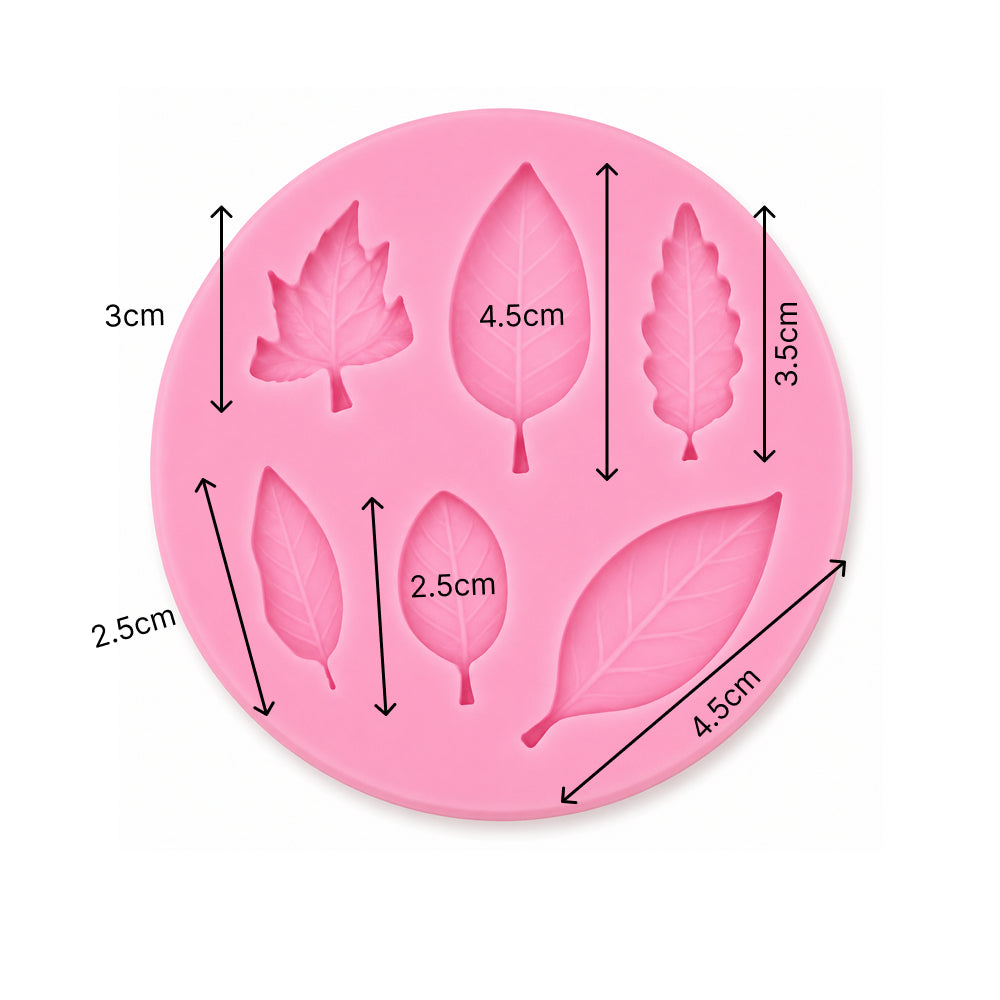 Pink leaf-shaped silicone mold with measurements on a white background