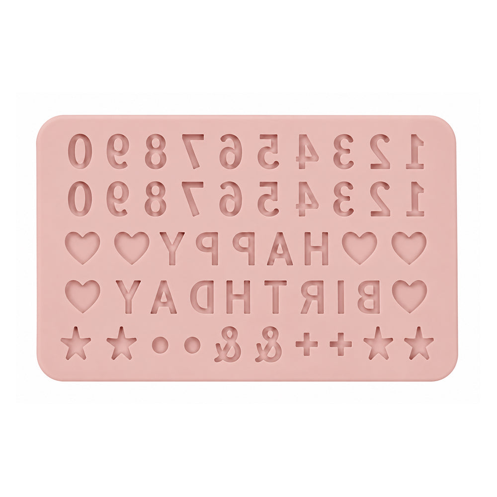 Pink silicone mold with letters, numbers, and symbols on a white background