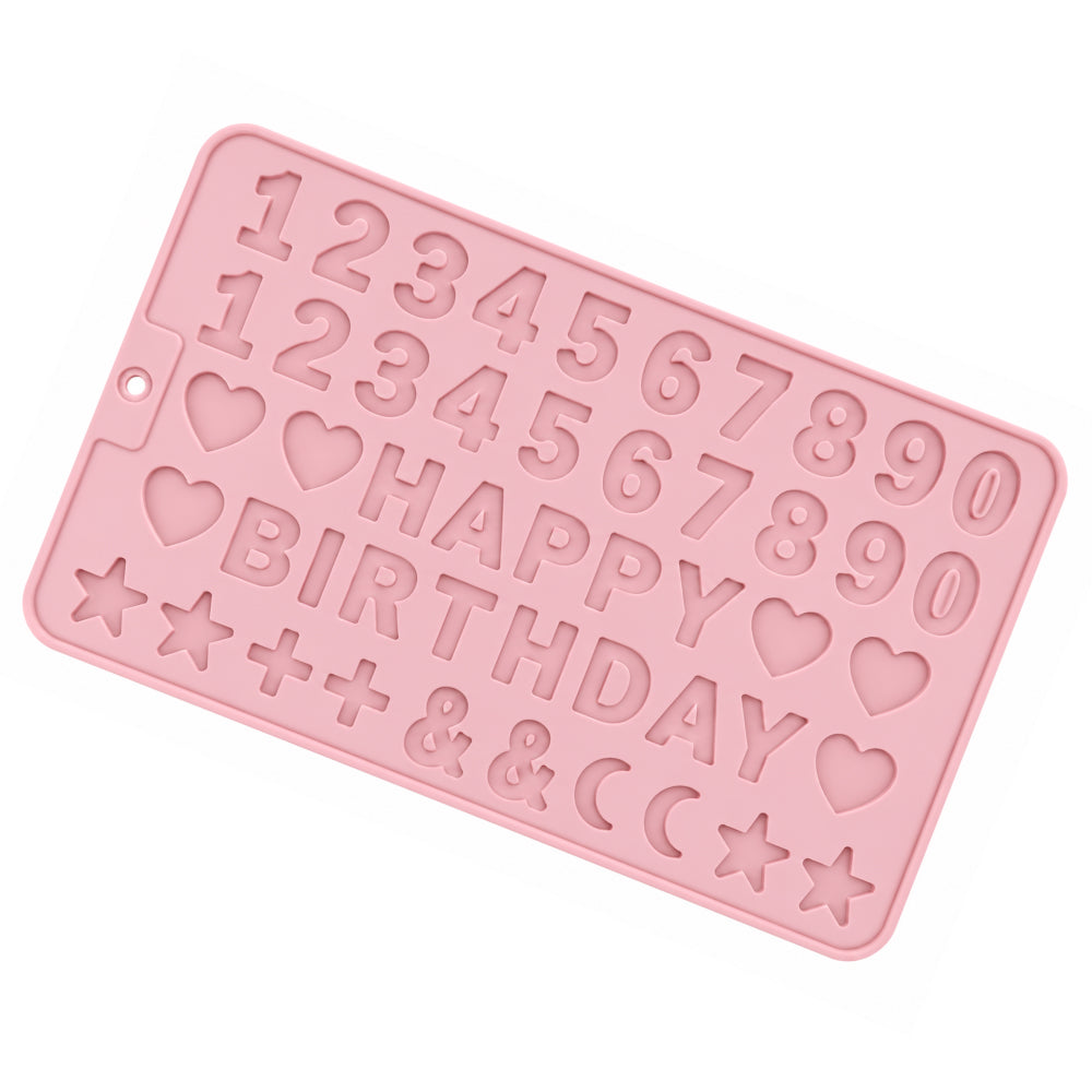 Pink silicone mold with numbers, letters, and symbols on a white background