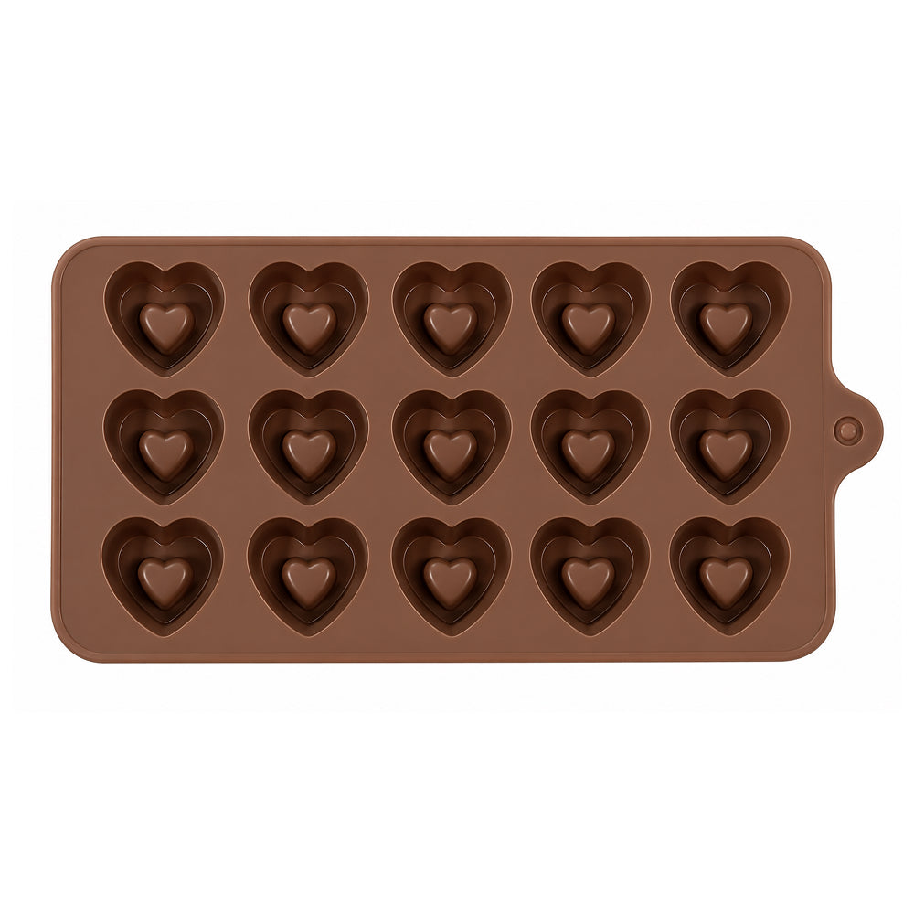 Brown silicone mold with heart shapes on a white background