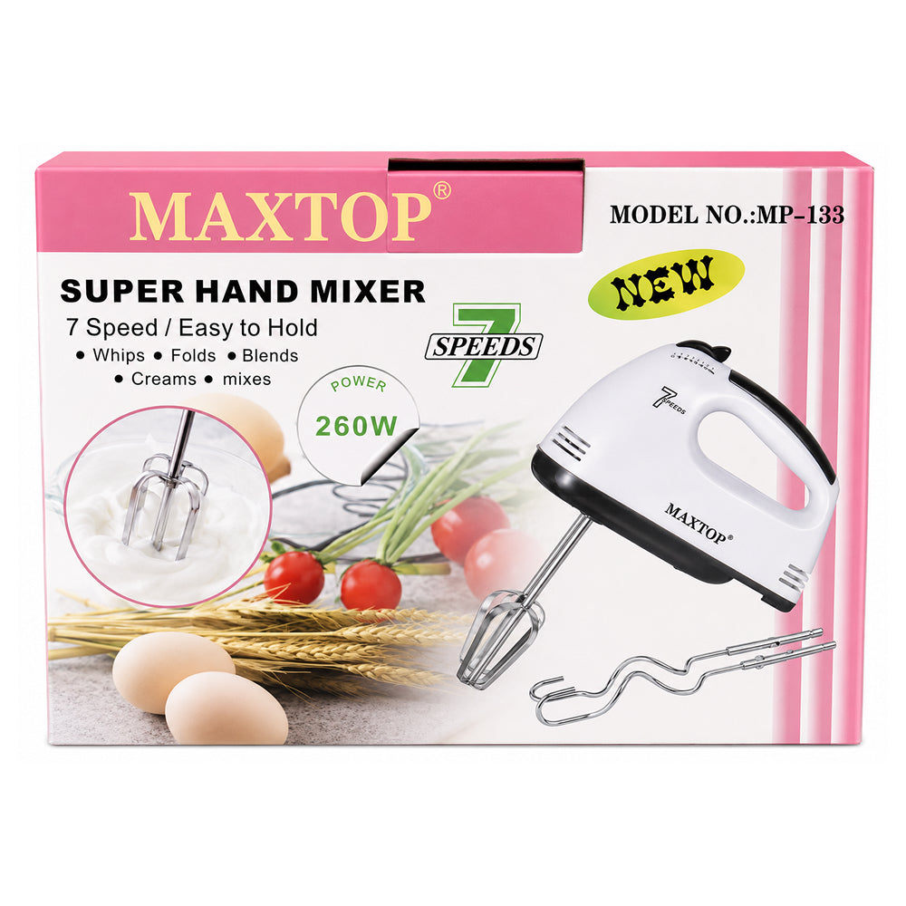 Maxtop Super Hand Mixer packaging with mixer illustration and product details on a white background