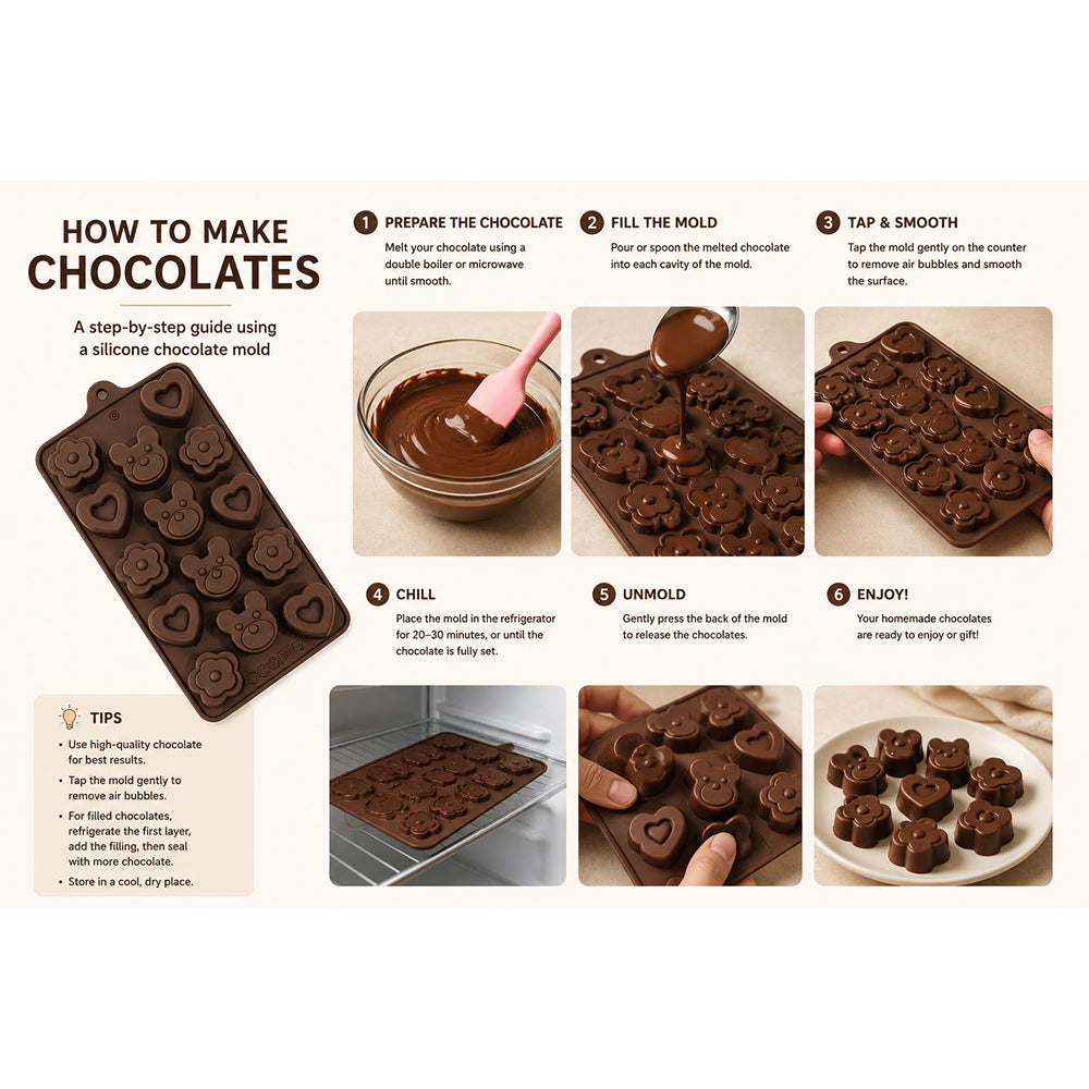 Step-by-step guide on how to make chocolates using a silicone mold.