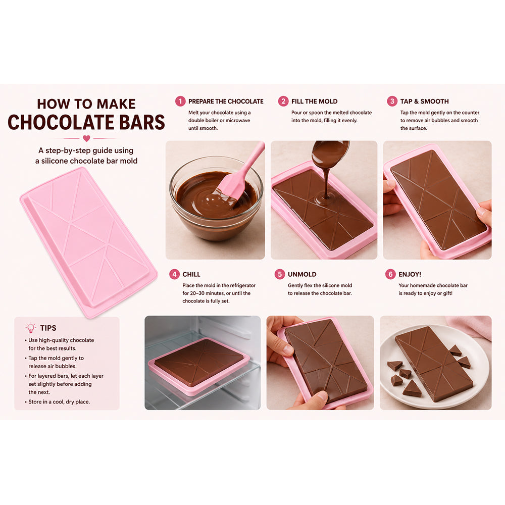 Step-by-step guide on how to make chocolate bars using a silicone mold.