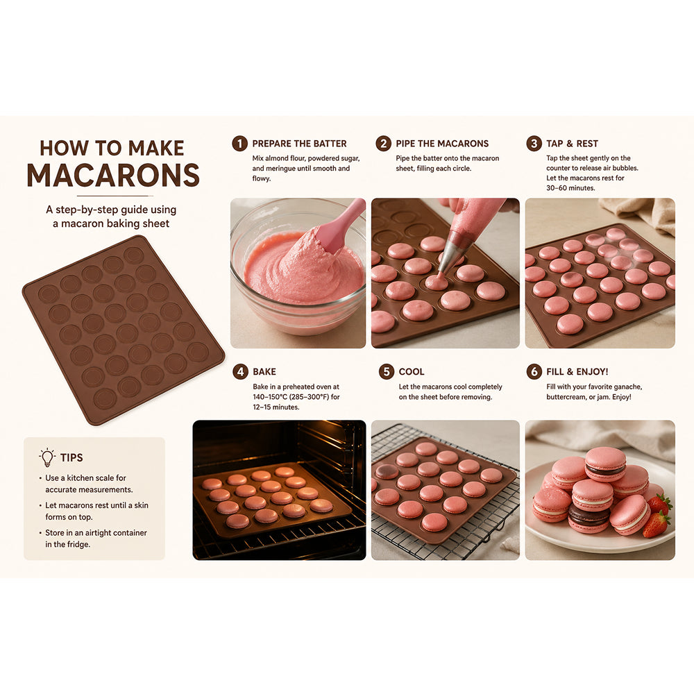 Step-by-step guide on how to make macarons using a macaron baking sheet.