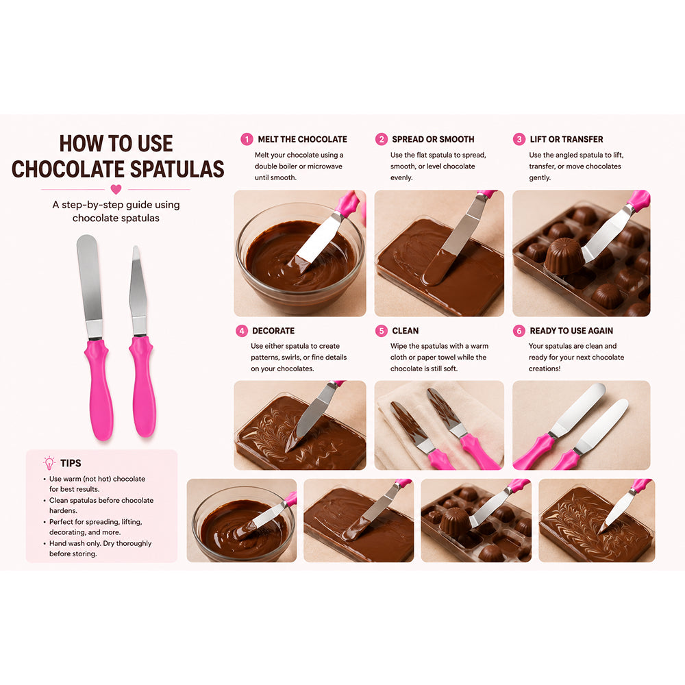 Step-by-step guide on how to use chocolate spatulas with images and text.