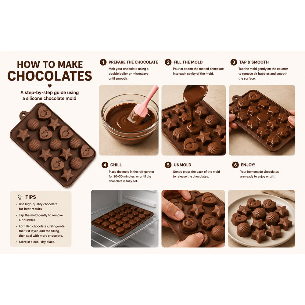 Step-by-step guide on how to make chocolates using a silicone mold.