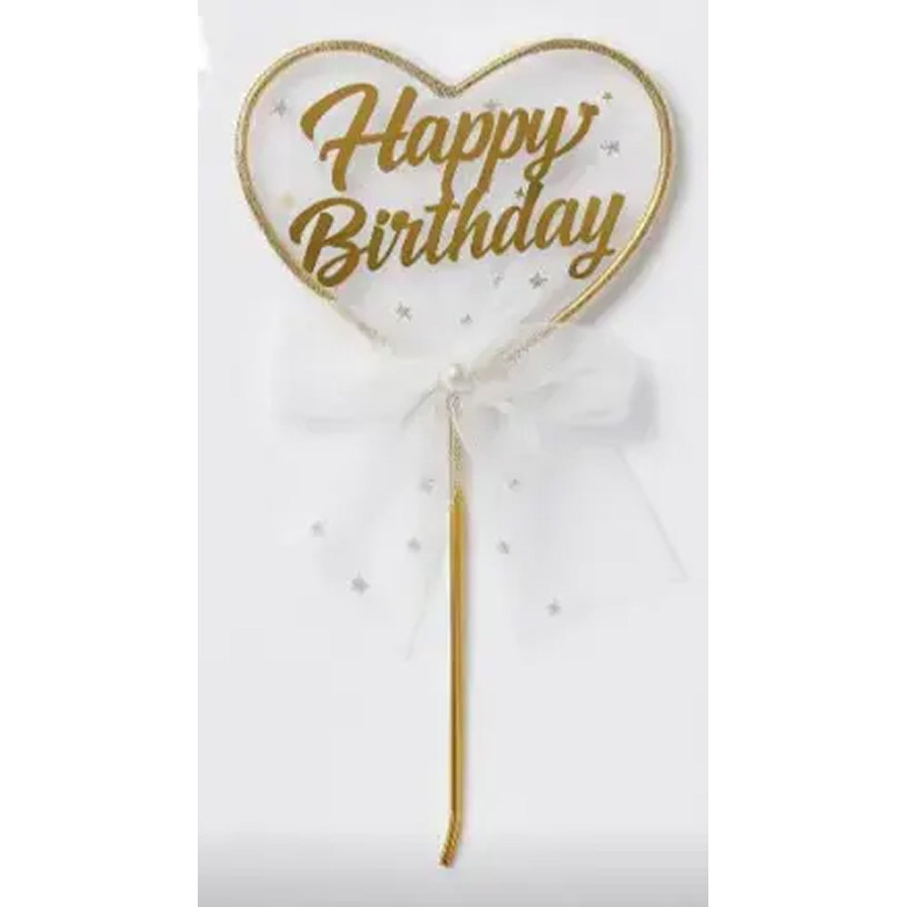 Heart-shaped birthday cake topper with 'Happy Birthday' text on a white background