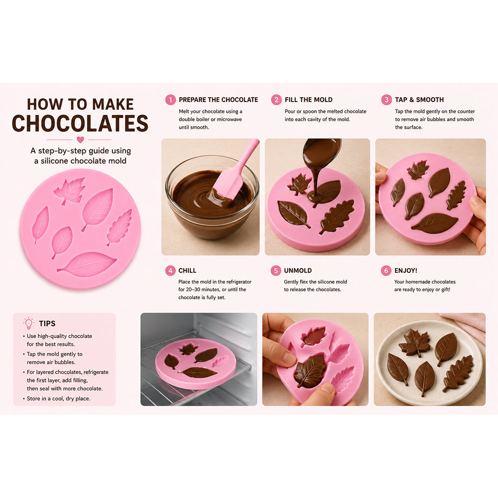 Step-by-step guide on how to use a silicone chocolate mold with images and text.