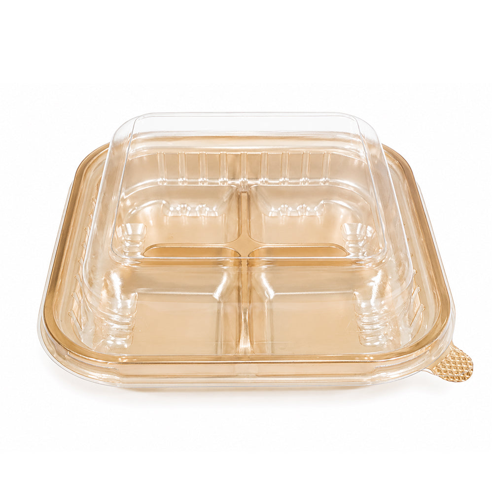 2603-58 CL106 4 Cavity Plastic Dessert Container with Lid – 15 × 15 × 5.5 cm | Pack of 10