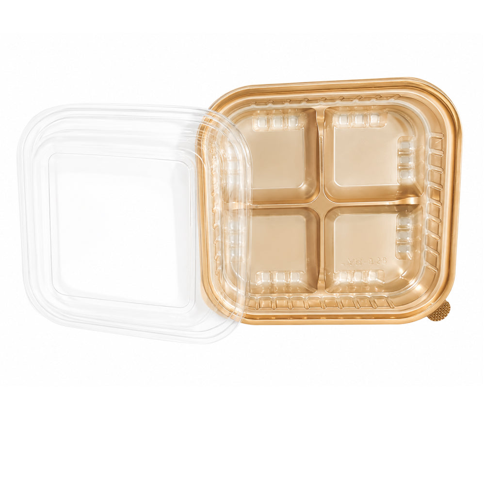 2603-58 CL106 4 Cavity Plastic Dessert Container with Lid – 15 × 15 × 5.5 cm | Pack of 10