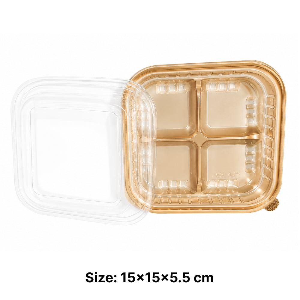 2603-58 CL106 4 Cavity Plastic Dessert Container with Lid – 15 × 15 × 5.5 cm | Pack of 10