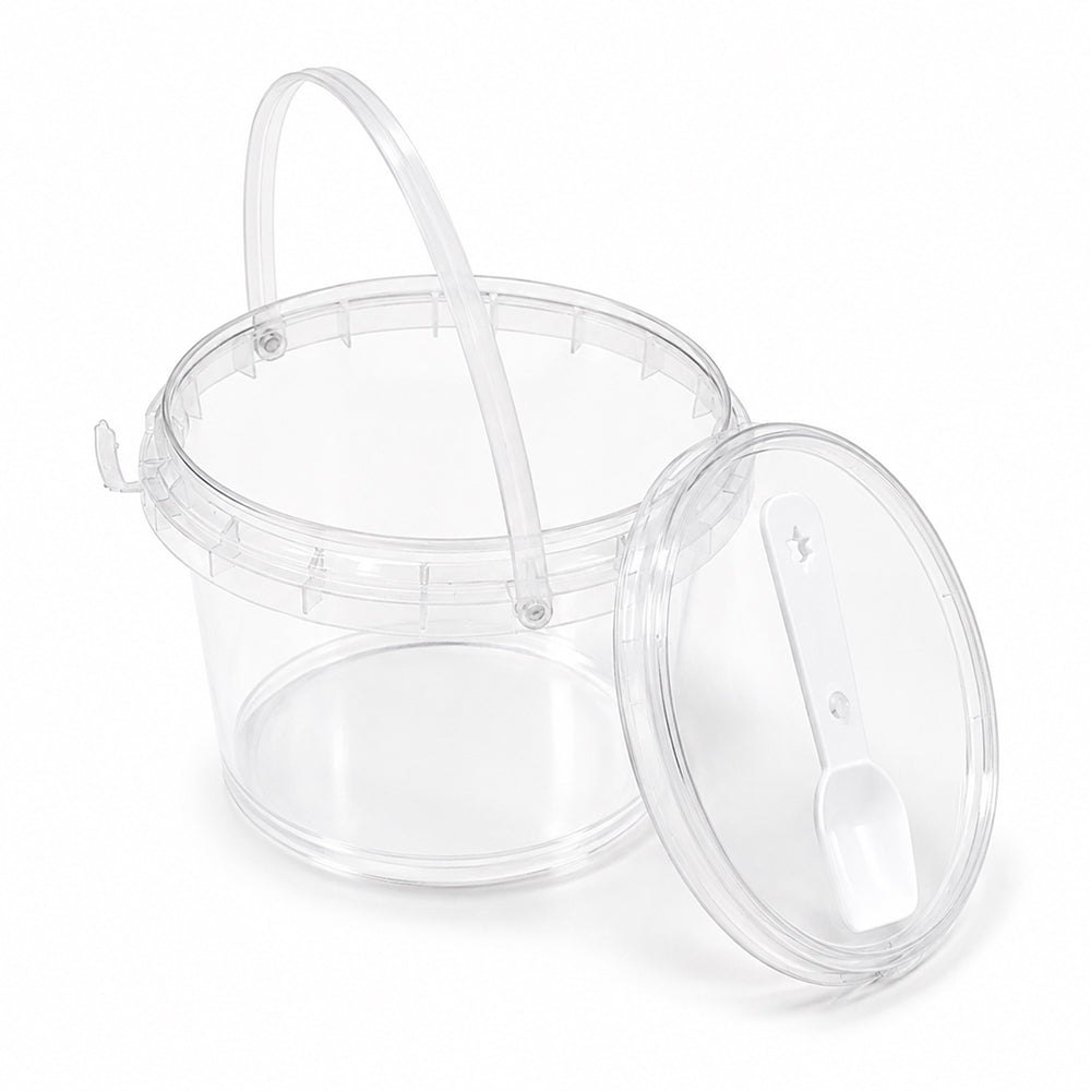 2603-53 CL104 365ML Clear Plastic Bucket Container with Handle, Lid & Spoon – Pack of 5