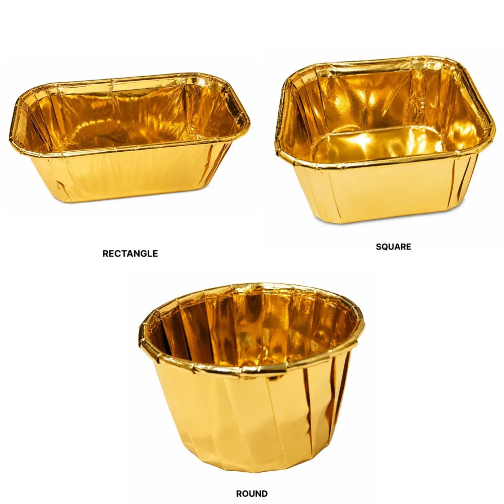 Three gold Papers containers labeled 'Rectangle', 'Square', and 'Round' on a white background.