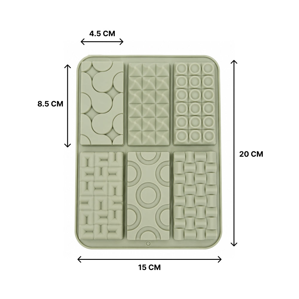 CM274 6-Cavity Silicone Chocolate Bar Mold | Assorted Geometric Pattern Chocolate Mould | Food Grade Non-Stick Chocolate Mold