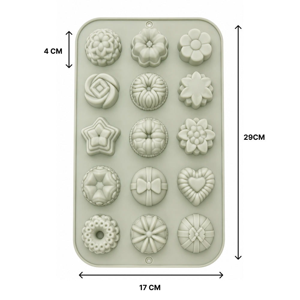 CM254 Assorted Dessert Silicone Mold | 15 Cavity Decorative Chocolate & Candy Mold