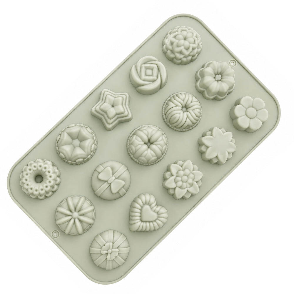 CM254 Assorted Dessert Silicone Mold | 15 Cavity Decorative Chocolate & Candy Mold