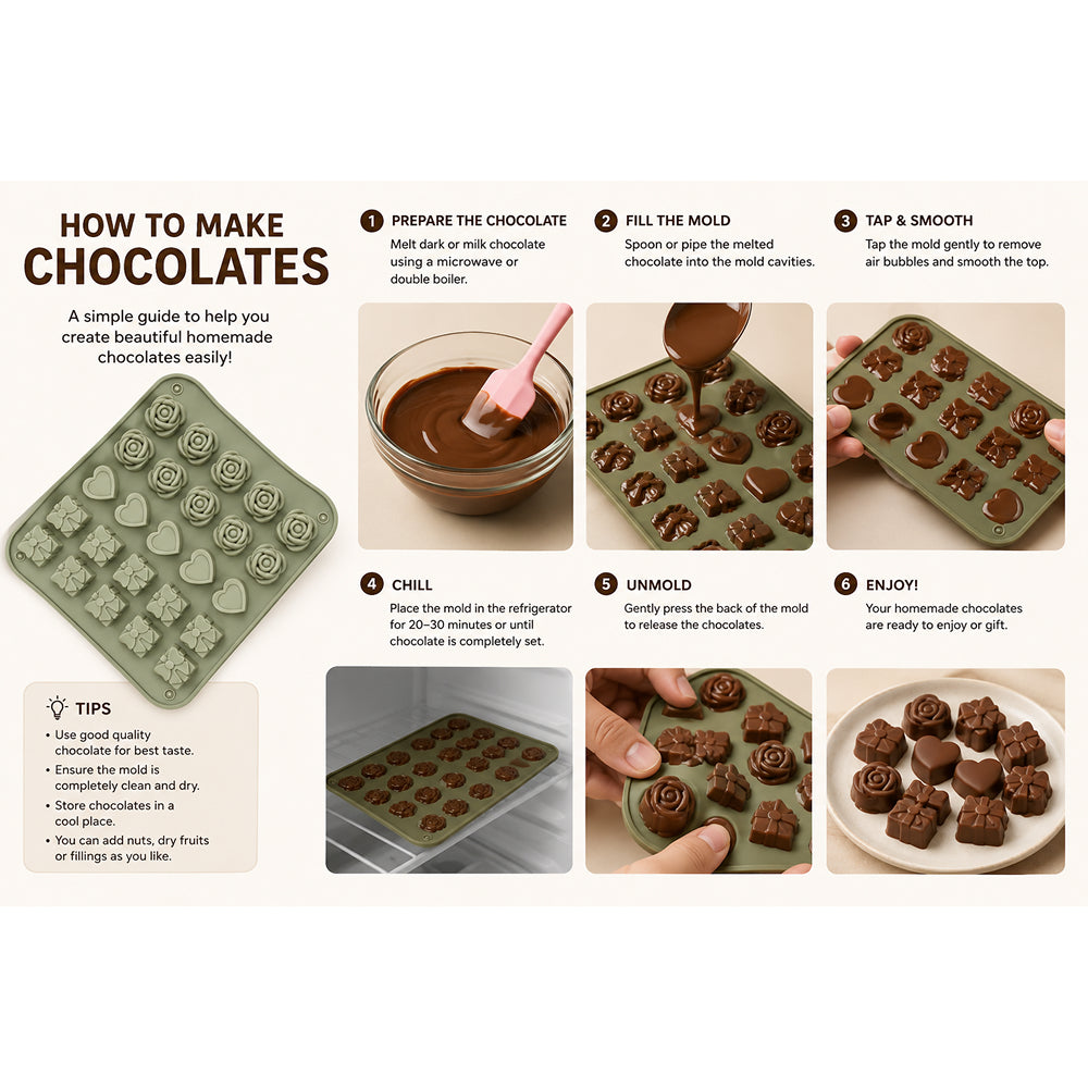CM256 24-Cavity Silicone Chocolate Mold | Rose, Heart & Gift Shape Chocolate Mould | Food Grade Non-Stick