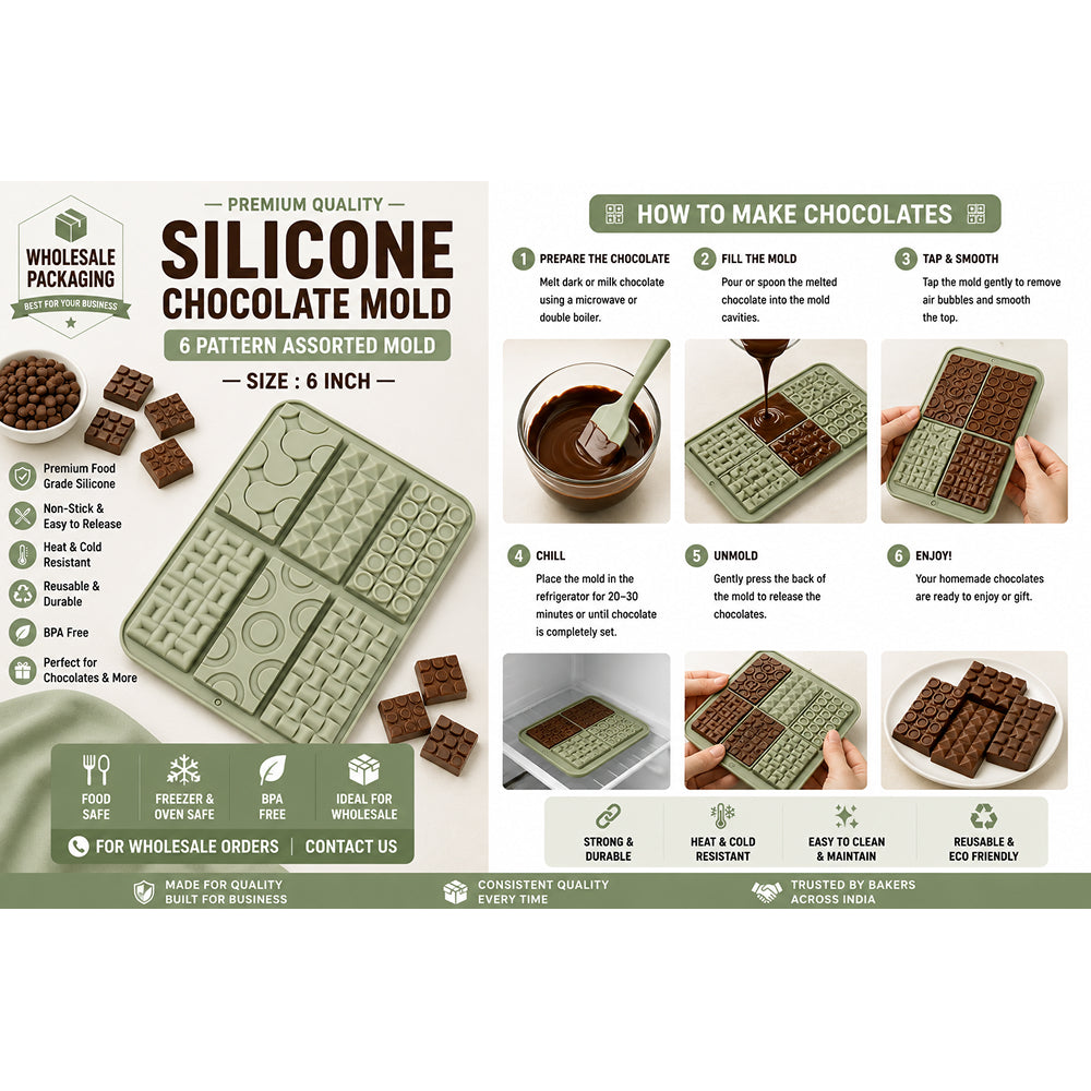 CM274 6-Cavity Silicone Chocolate Bar Mold | Assorted Geometric Pattern Chocolate Mould | Food Grade Non-Stick Chocolate Mold