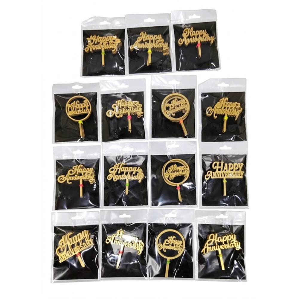 TPR195 Happy Anniversary Acrylic Cake Topper (Mix Design) | Gold | 3.5 x 2.5 Inch | Pack of 10