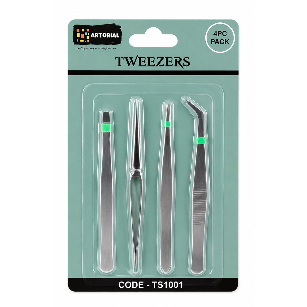 BT005B 4-Piece Precision Stainless Steel Tweezers Set | Multi-Purpose Craft & DIY Tweezers