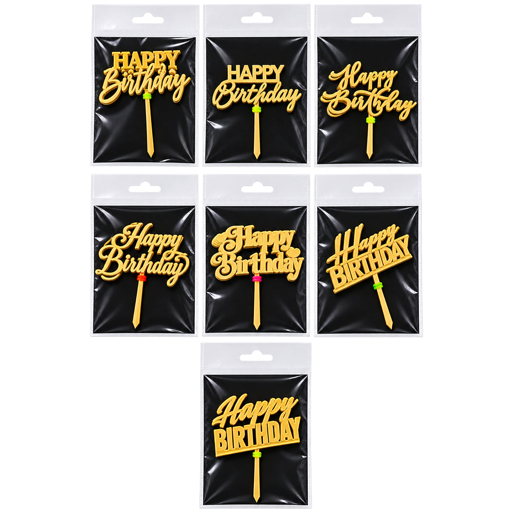 TPR195A Happy Birthday Cake Topper (Mixed Designs) | Assorted Golden Cake Toppers | Pack of 10