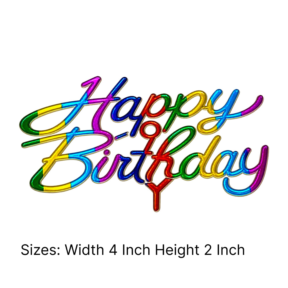 TPR026B Acrylic Happy Birthday Cake Topper – Rainbow Metallic | Pack of 50 Pcs 4 x 2 Inch
