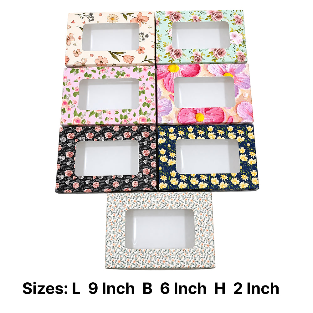 CB054 Rectangle Brownie Box with Window Premium Printed Brownie Packaging Box | Mixed Floral Designs Pack of 10
