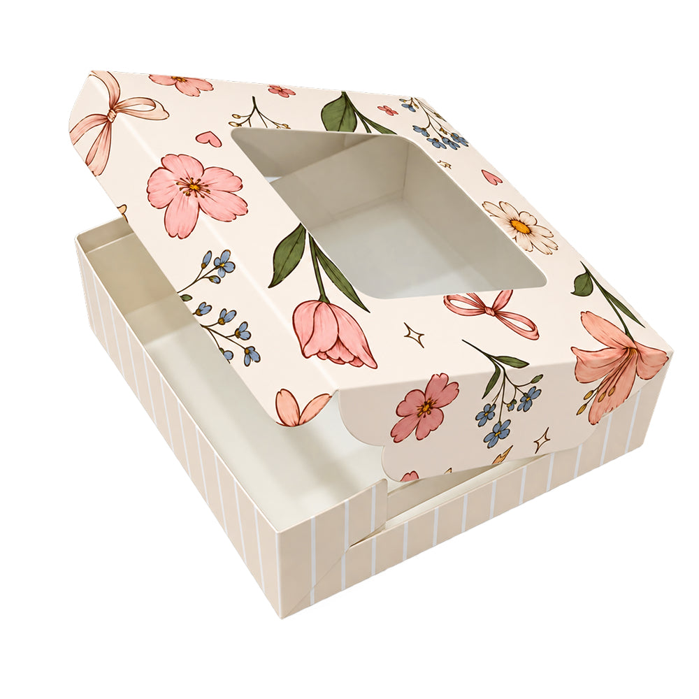 CB055 Square Brownie Box with Window | Premium Printed Brownie Packaging Box | Mixed Floral Designs Pack of 10