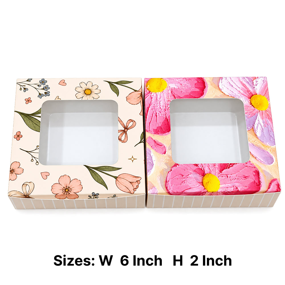 CB055 Square Brownie Box with Window | Premium Printed Brownie Packaging Box | Mixed Floral Designs Pack of 10