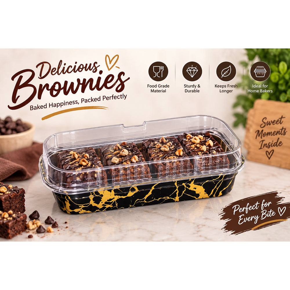 CL108 200 ML Disposable Rectangle Aluminium Foil Dessert Container with Transparent Lid | Pack of 10