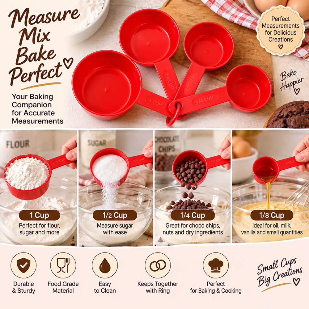 BT308 Plastic Measuring Cup Set with Ring | 4-Piece Kitchen Measuring Cups