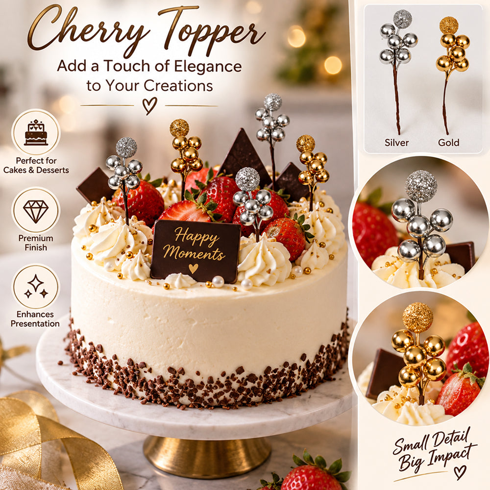 TPR241 Artificial Cherry Cake Topper Pick | Gold & Silver Cherry Cake Decoration Pack of 10
