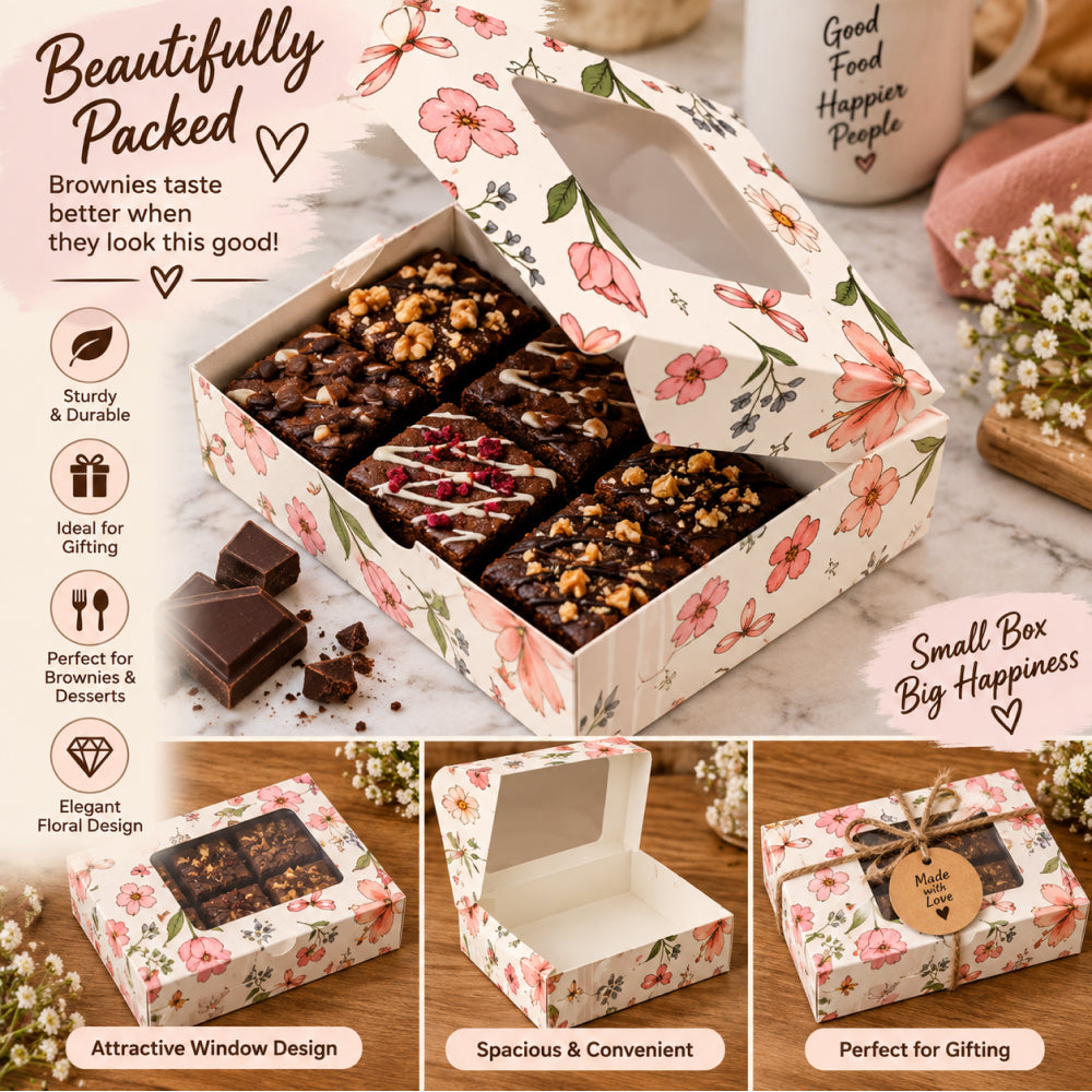 CB055 Square Brownie Box with Window | Premium Printed Brownie Packaging Box | Mixed Floral Designs Pack of 10