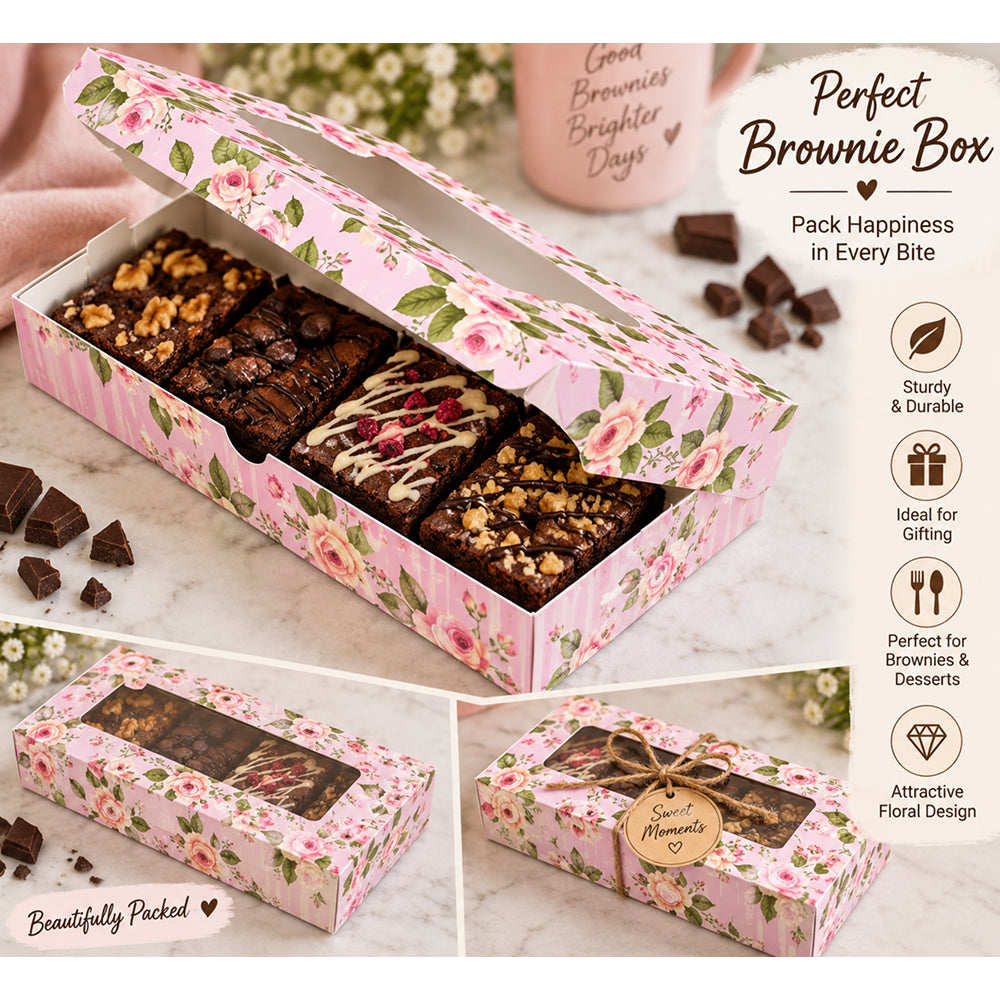 CB054 Rectangle Brownie Box with Window Premium Printed Brownie Packaging Box | Mixed Floral Designs Pack of 10