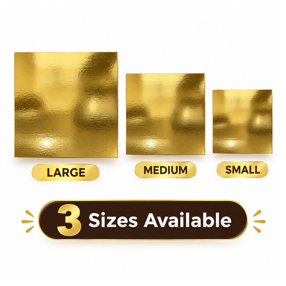 BT311 Square Cake Base – Heavy Premium Cardboard Cake Board with Gold Finish, 8x8, 10x10 & 12x12 Inch