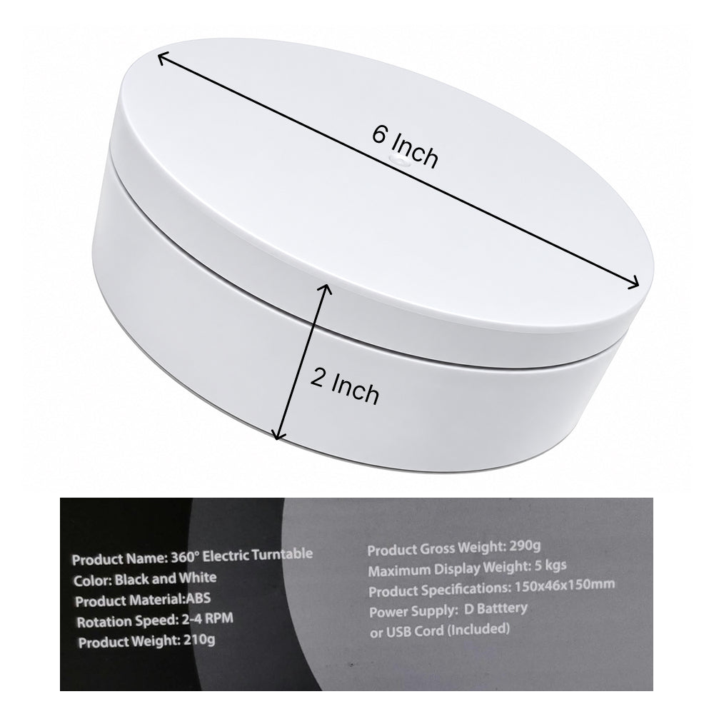 BT215C 6 Inch 360° Electric Rotating Turntable Display Stand, 2–4 RPM, 5 KG Load Capacity